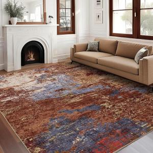 GarveeHome Washable Modern Area Rugs 5x7 Non-Shedding Contemporary Floor Mat, Abstract Low Pile Accent Carpet with Non-Slip Backing, Colorful Throw Rug for Bedroom, Living Room, Red (Fire/Sand)