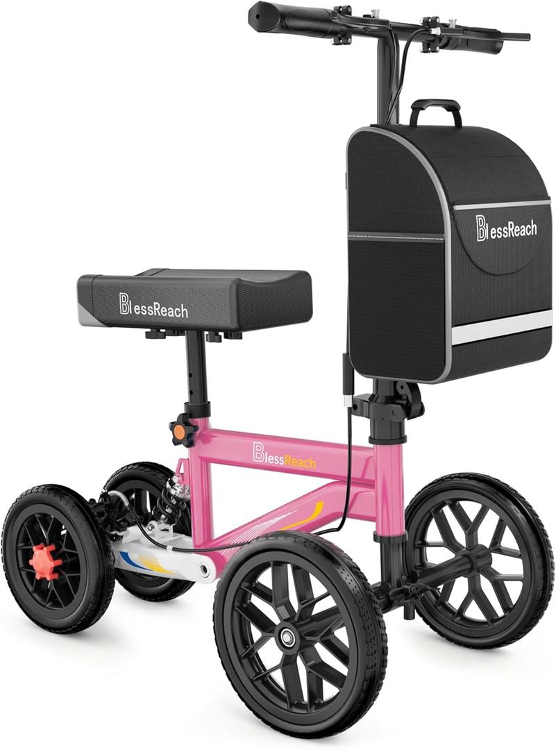 BlessReach Economy Steerable Knee Walker - Compact Crutch Alternative for Foot Injuries with Dual Braking System (Pink)