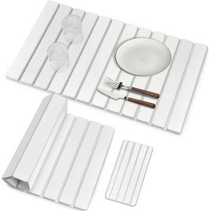 Large Stone Dish Drying Mats for Kitchen Counter, Fast Drying Collapsible Dish Drying Mat, Eco-Friendly Absorbent Diatomaceous Earth Mats for Dishes Cups, Match Any Countertop (White 28"×16" & 8"x4")