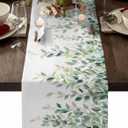 Sage Green Leaf Table Runner Spring Eucalyptus Plants White Tablerunners 13 x 48 Inch , Table Decorations Tabletop Scarf for Winter Family Gathering Holiday Farmhouse Kitchen Dining Decor for Home