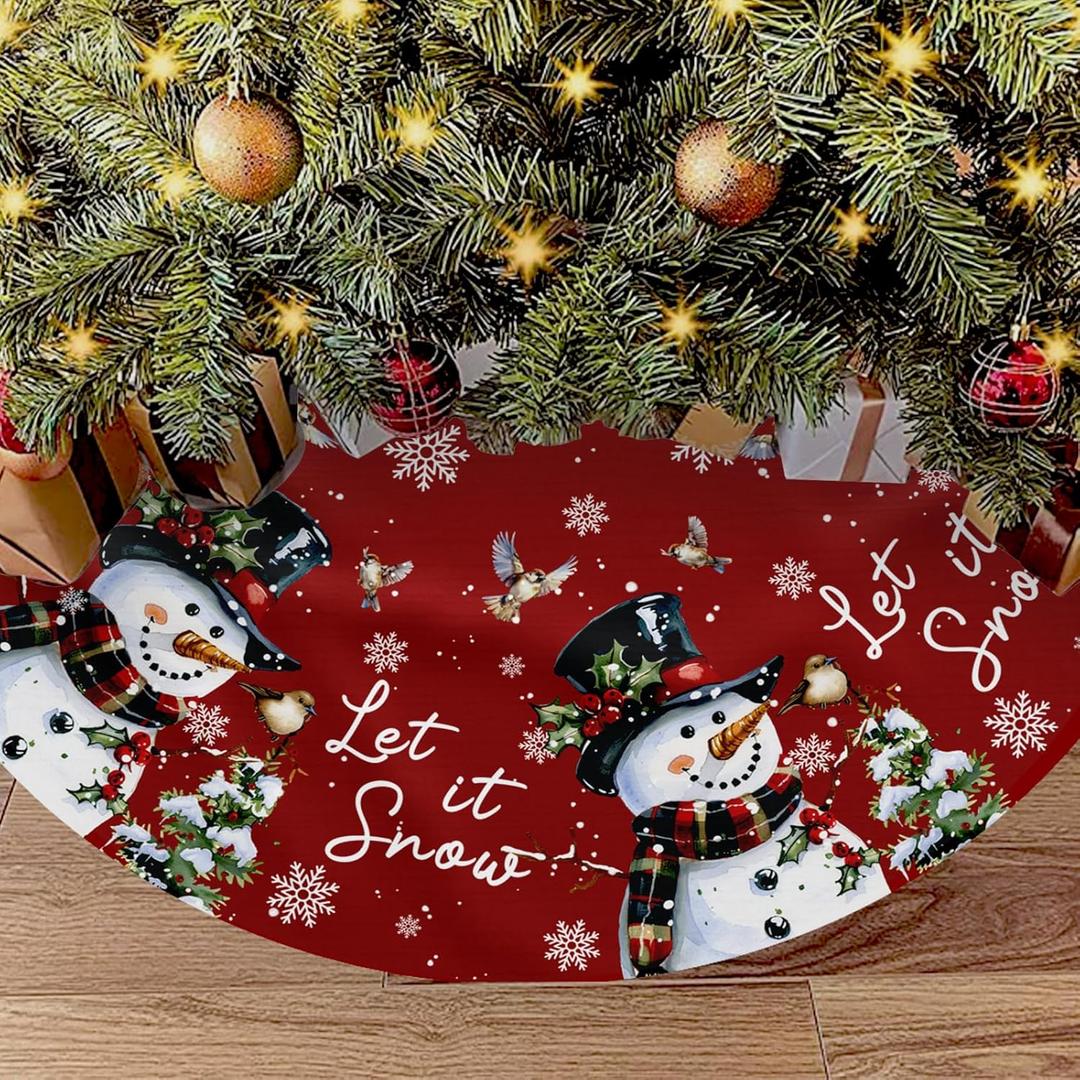 Snowman Christmas Tree Skirt 36 Inch Snowman Red Xmas Tree Skirt, Winter Trees Mat Indoor Outdoor Decorations for Home Party Holiday