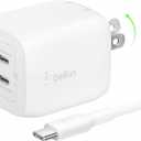Belkin Dual Port Charger Block 45W - C to C Cable Included - GaN PD3.0 Super Fast Charging - Samsung Galaxy S25, MacBook, iPhone 17, iPad, AirPods, Google Pixel 10, Nintendo Switch 2 & More - White