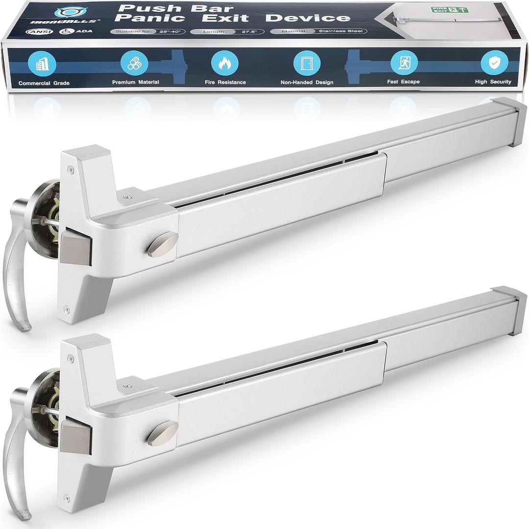 IRONWALLS Push Bar Panic Exit Device with Exterior Lever Keyed Alike, 2-Pack 27.5” Stainless Steel Panic Bar Lock Set for Commercial Door, Fire Emergency Exit Door Panic Hardware for Hotel, Hospital