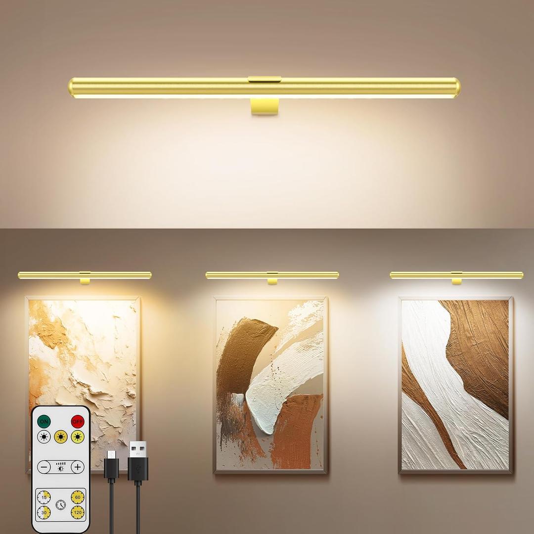 TINTINDOC 22'' Picture Light Gold for Painting with 3 Lighting,Rechargeable Wall Art Light for Painting Brightness Dimmable,Battery Display Accent Light for Picture Gallery Poster Frame Dartboard