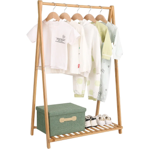 Small Clothes Rack Kids Dress Up Storage for Playroom, Toddlers Bedroom, Bamboo Child Garment Rack with Storage Shelf, Kids Clothing Rack Costumes Organizer