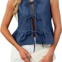 APRROOT Women's Denim Vest Top Sleeveless V Neck Tie Front Jean Vest Summer 2025 Trendy Casual Waistcoat Y2K Peplum Tank Tops (Blue, M)