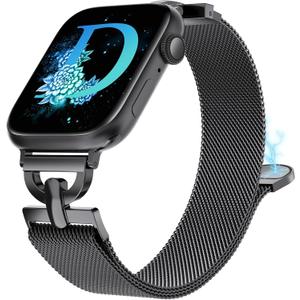 Stainless Steel Magnetic Loop Compatible with Apple Watch Band 42mm 44mm 45mm 46mm 49mm Women Metal Mesh D-shaped Clasp Strap for iWatch SE Series 10/9/8/7/6/5/4/3/2/1/Ultra(1/2) Black