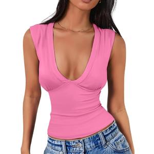 Womens Halter Deep V Neck Tank Tops Sleeveless Sexy Plunge Basic Summer Y2k Crop Top (Pink, L)