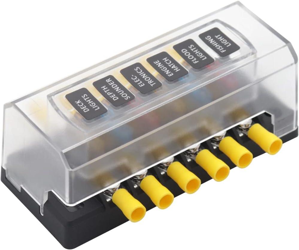 6 Way Fuse Block Automotive Boat Marine Car Camper Trailer RV Motorhome Solar Power Fuse Box 12V - 32V Red LED Indicator