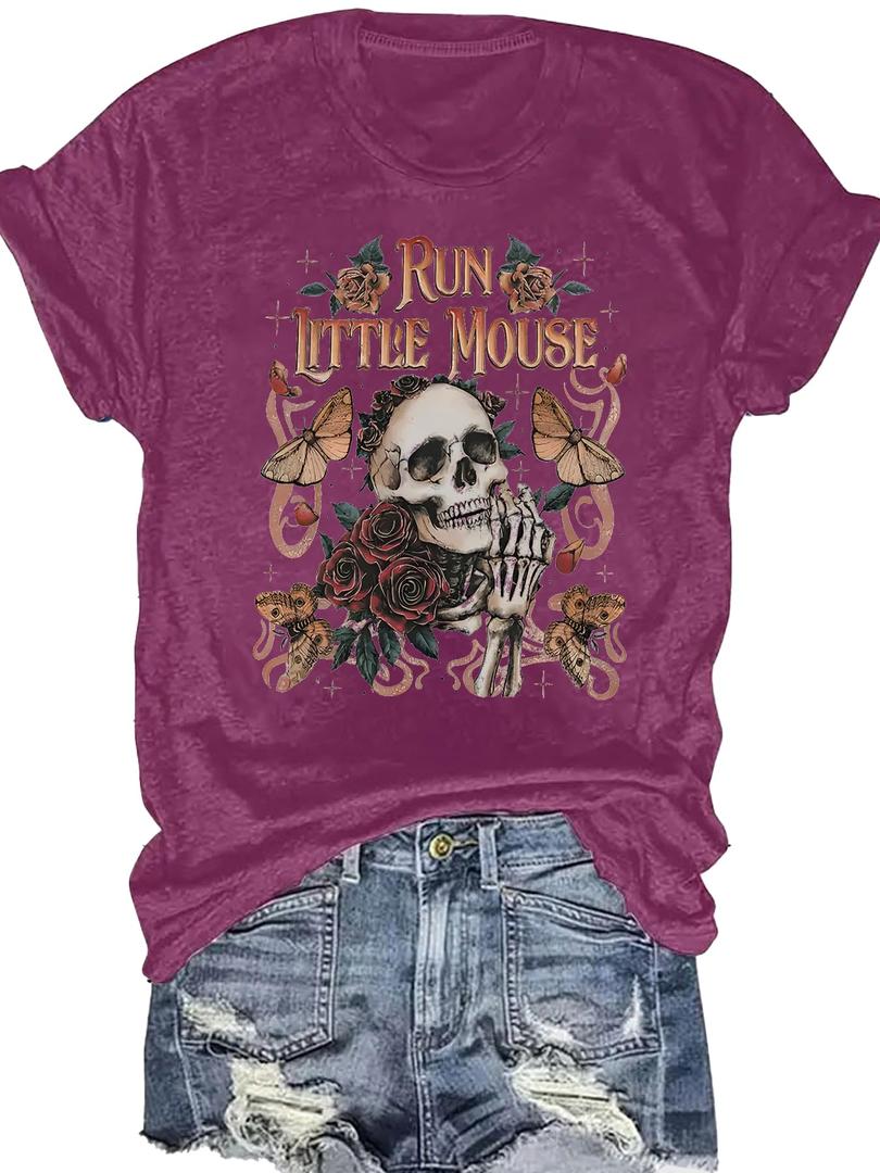 Women Cute Rose Butterfly Graphic Tees Halloween Skeleton Shirt Summer Funny Loose Fit Casual Vacation Short Sleeve Tops(Purple2-L)