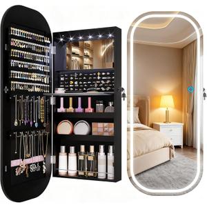LVSOMT LED Mirror Jewelry Cabinet, Wall/Door Mount Jewelry Mirror Organizer, Rounded Full Length Mirror with Storage, Lockable Jewelry Armoire, 16" Wide, Foldable Shelf, Interior Mirror, Black