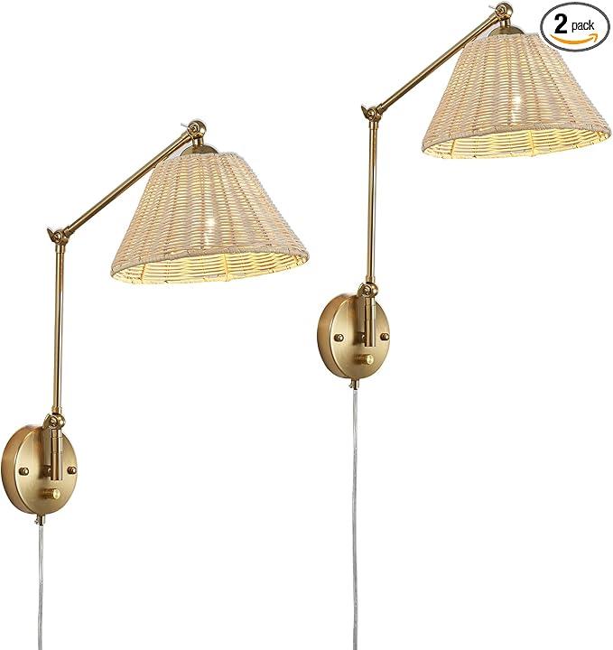 Fetason Gold Dimmable Plug in Wall Sconces Set of 2 with Swing Arm, Hand Woven Rattan Wall Sonce Light Fixture, Vintage Bedside Wall Mounted Lamp for Bedroom Living Room Home Office
