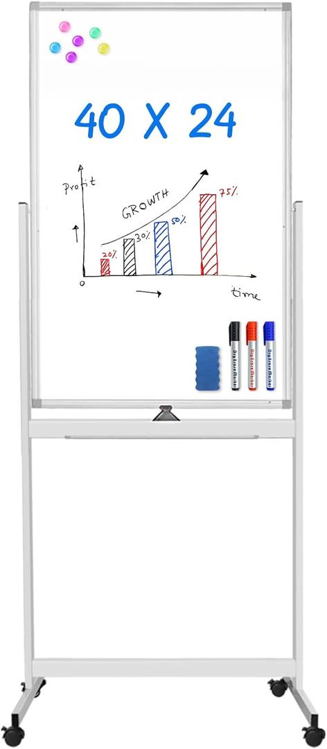 Maxtek Magnetic Mobile White Board, 40 x 24 Double Sided Dry Erase Board Rolling Whiteboard Aluminum Frame Standing Whiteboard on Wheels