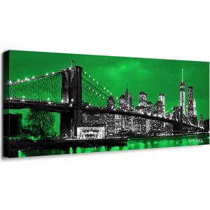Canvas Wall Art Green sea New York Brooklyn bridge paintings Wall Art Black and White Stretched Wall Art for Bedroom Artwork Canvas Art Prints 12"x36" Wall Decor Painting Office Ready to Hang