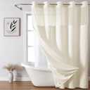 no Hook Shower Curtain and Liner SetBoho Style with See Through Top Window, Cream Fabric Tufted Striped Textured Outer Curtain & Waterproof Inner Liner, Beige/Cream, 71Wx98H