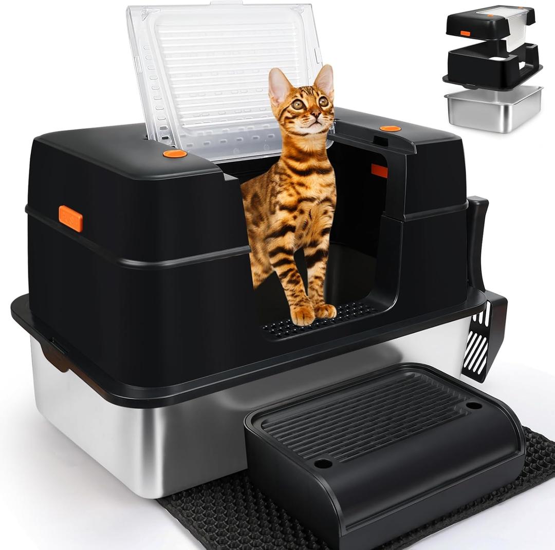 SZEE Stainless Steel Litter Box with Lid, Easy to Clean and NO Absorb Odor, Extra Large Litter Box with Open/Enclosed Modes, Includes Litter Scoop, Litter Mat & Trapping Box (Black)