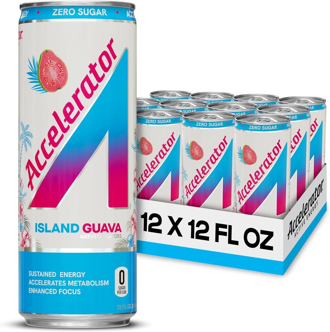Accelerator Energy Drink, Island Guava 12oz can (12 pack), Zero Sugar, Sustained Energy from 100% Natural Caffeine (200mg from Green Coffee Bean & Green Tea extract) (EXP 06/01/26)