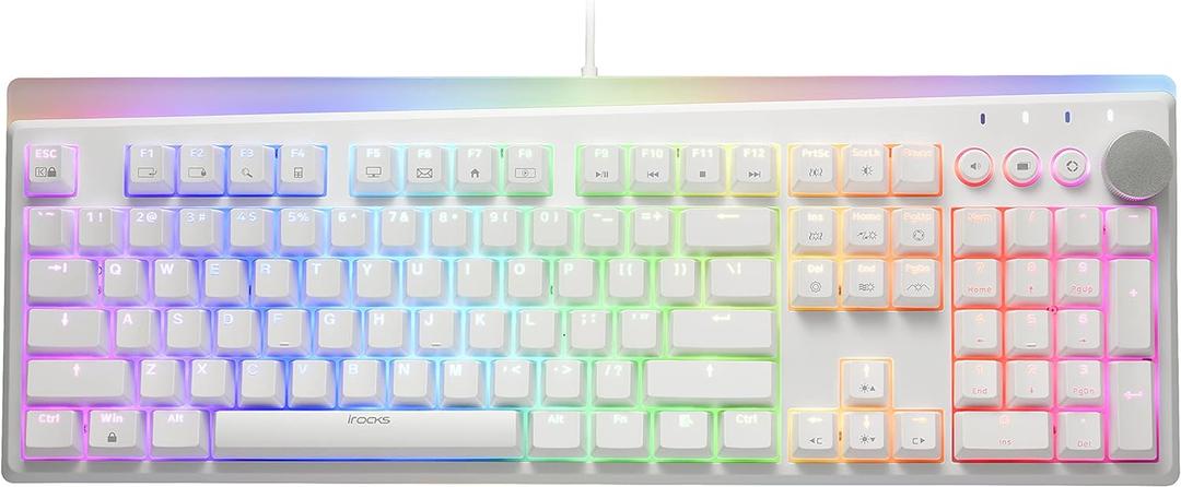 i-rocks K71M RGB Mechanical Gaming Keyboard with Media Control Knob, Gateron Switches (Blue), 107 Keys w/Full NKRO, PBT Keycaps, Multimedia Hotkeys, Detachable USB-C Cable and Onboard Storage, White