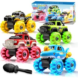 4 Pack Monster Truck Toys for 2-7 Year Boys, Light-Up Car Toys with Light-Up Wheels, Take Apart Toys Trucks for Toddler Toys 2-3, Birthday for Toddler Boys Ages 2-4