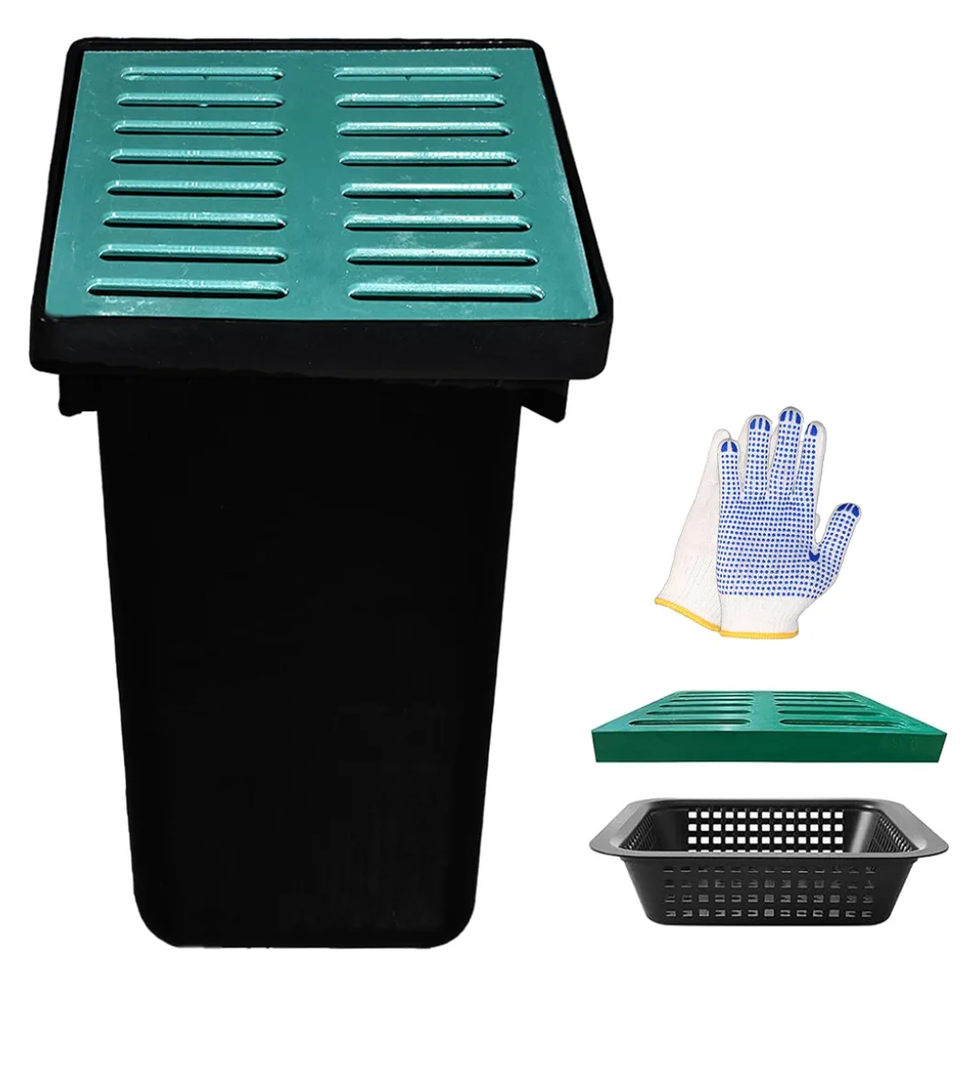 Large Drainage Catch Basin with Fiber Glass Grate and Debris Basket, French Drain Catch Basin with No Pre-Drilled Holes for Patios, Downspouts, Lawns, Municipal Plumbing (18x18x24 in)