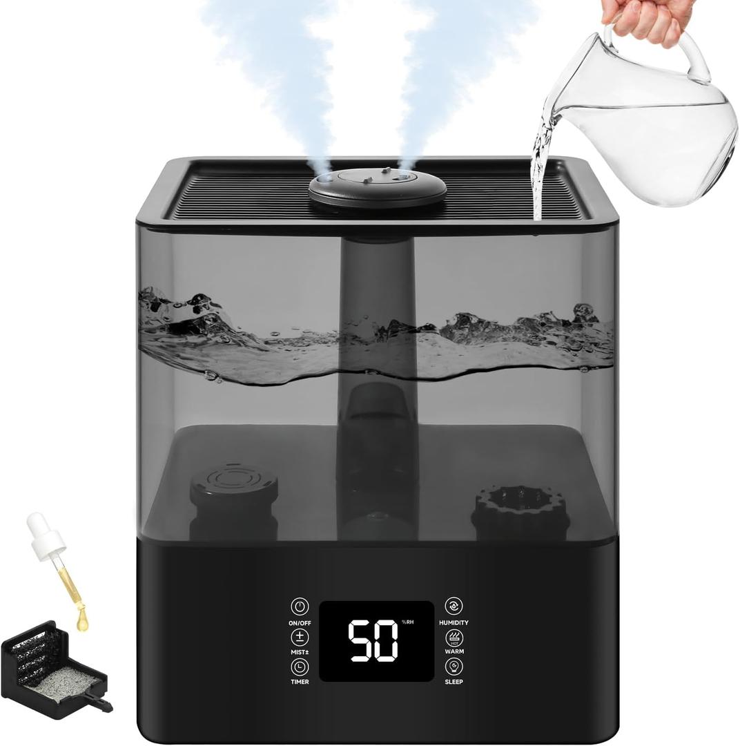 6L Humidifiers for Bedroom Large Room, Cool and Warm Mist Humidifiers for Nursery & Plants, Mist Top Fill Desk Humidifiers Essential Oil Diffuser with Adjustable Mist,360NozzleAuto Shut-Off-Black