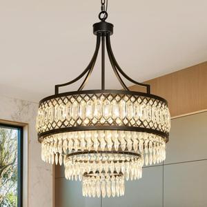 20'' Crystal Chandeliers for Dining Room Modern Black Pendant Light Fixture for Foyer Entryway Bedroom Hallway Kitchen Bar Dining Room