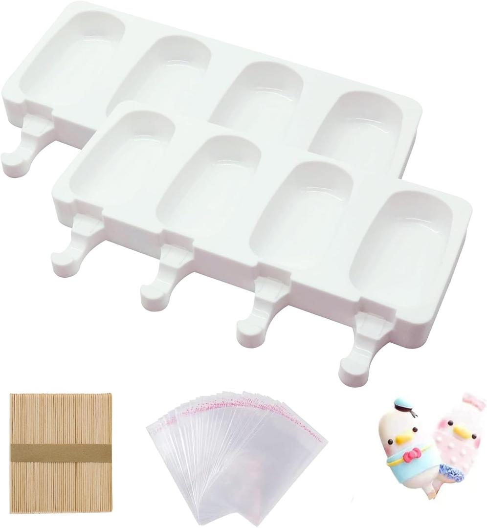 Popsicle Molds Set Of 2, Cakesicles Silicone Mould Ice Cream Mold Oval Cake Pop Mold with 50 Wooden Sticks and 50 Bags for DIY Popsicle (White) (8.35 X 4.96 Classic Oval 2pcs)