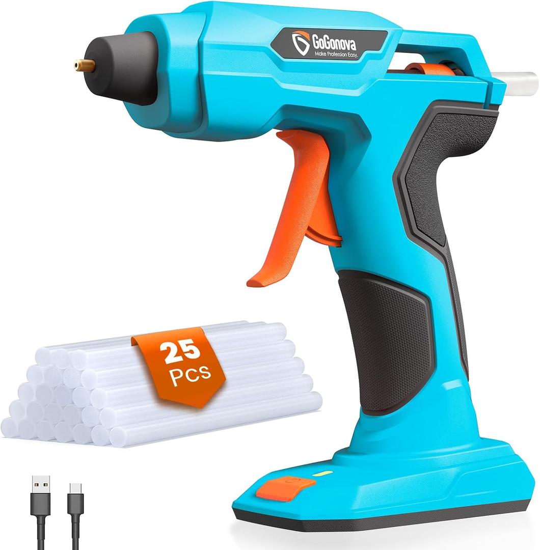 GoGonova Hot Glue Gun, 20s Fast Preheating Glue Gun Cordless & Rechargeable, 2Ah Battery Hot Glue Gun and 25 Pcs Hot Glue Sticks Set, Smart Power-Off, Stands-Up Design, Anti-Drip (Blue-25)