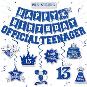13th Birthday Decorations for Boys Girls Navy Blue, Pre-Strung Official Teenager Happy 13th Birthday Banner Backdrop Hanging Swirls, 13 Years Old Birthday Party Sign Decor Supplies Kit