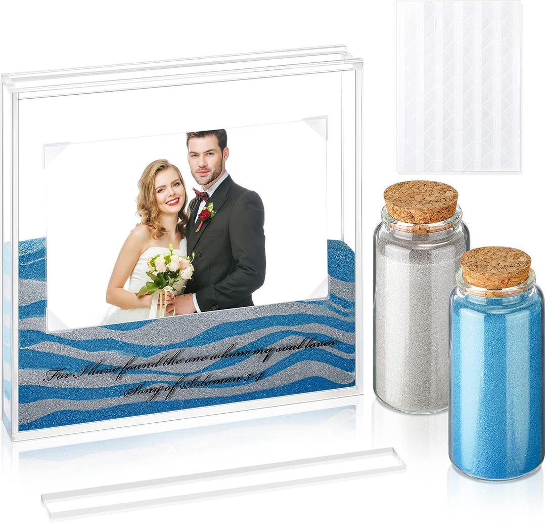Roowest Sand Ceremony Kit for Wedding Includes Clear Acrylic Unity Sand Ceremony Photo Frame 2 Pack Photo Fixing Corner Stickers and 2 Glass Unity Holder for Wedding Home Decor(Blue, Gray)