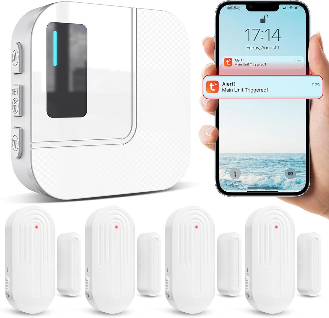 Door Chime,Sanjie WiFi Door Sensor Open Chime When Entering for Business/Home/Store/Office Alert Your Phone,Alarms for Kids Safety,500 FT Range,20 Ringtones ,4 Sensors 1 Receiver