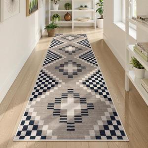 Beeiva Boho Checkered Hallway Runner Rug 8ft, Ultra Thin Black Kitchen Runner Rugs Non Skid Washable 8 ft, 2.5x8 Farmhouse Stain Resistant Floor Carpet for Hallways Entryway Bedroom, Black