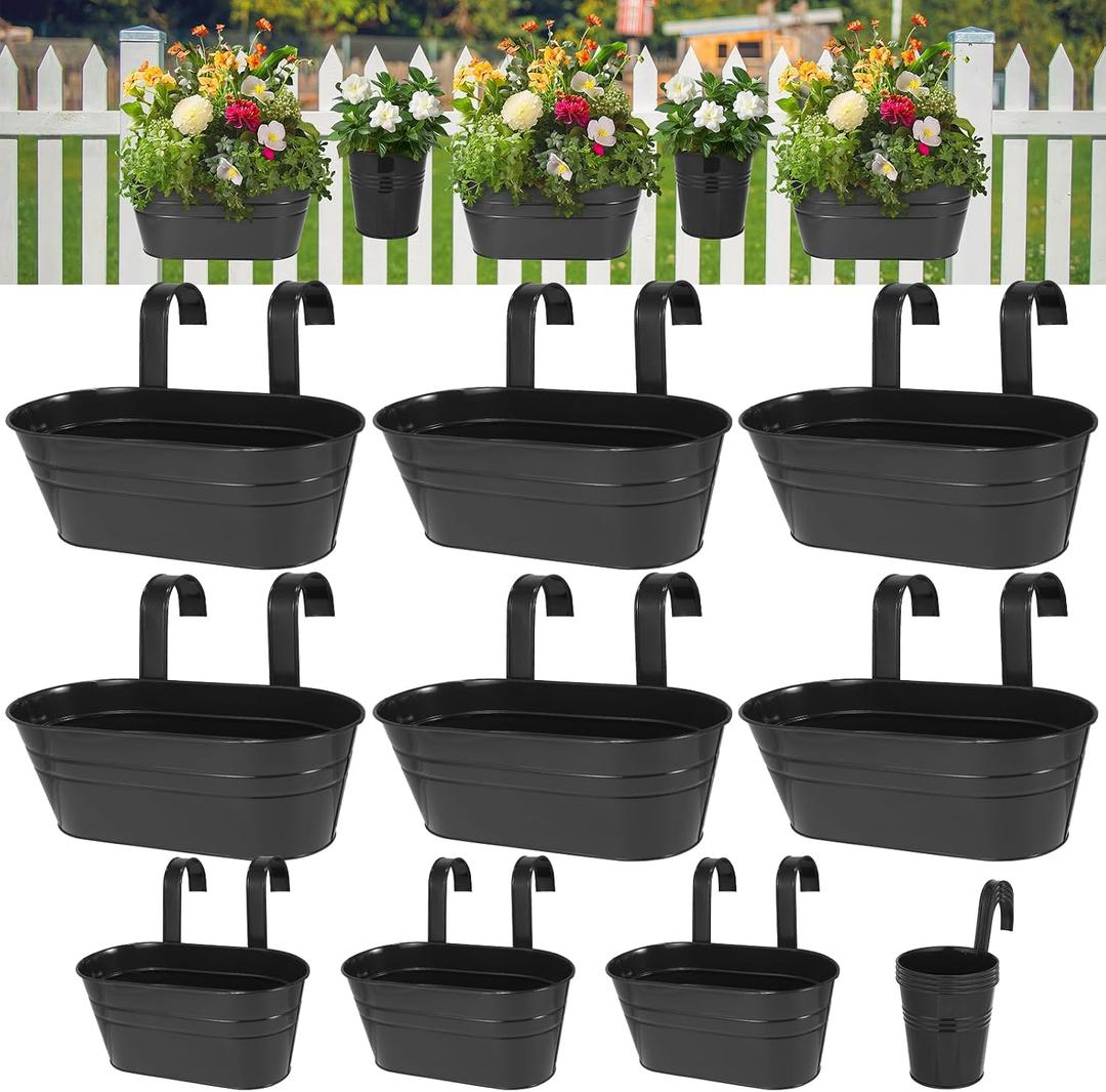 3 Different Size Metal Iron Hanging Flower Pots 13 Pcs for Outdoor Plants Metal Hanging Bucket Pots Iron Railing Fence Planter with Drainage Holes and Hooks for Porch Railing Balcony Fence (Black), Large, Medium, Small