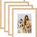 8x10 Picture Frame Set of 4, Displays 5x7 with Mat or 8x10 Without Mat, Photo Frames for Wall Hanging or Tabletop, Includes HD Plexiglass, Light Wood Grain