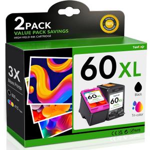 60XL Ink Cartridges Combo Pack Replacement for HP Ink 60 60 XL Work for PhotoSmart C4780 C4680 C4795 C4640;Deskjet F4480 F4440 F2430 ;Envy 110 120 111 114 Printers (1 Black, 1 Tri-Color)
