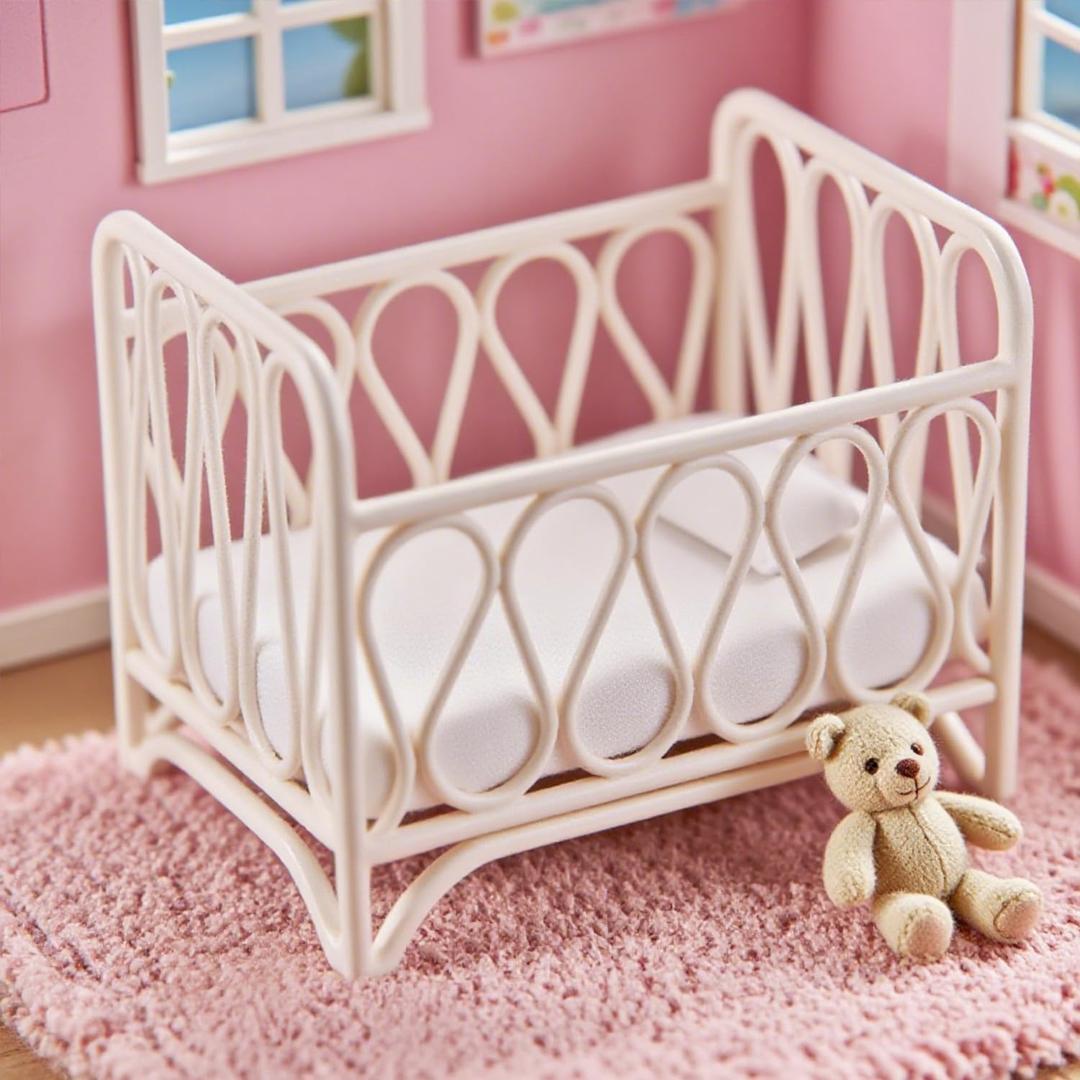 1:12 Dollhouse Crib, 1 Set Miniature Iron Bed with Bedding, Modern Cradle Model Mini Doll Crib Dollhouse Furniture Decorations Accessories