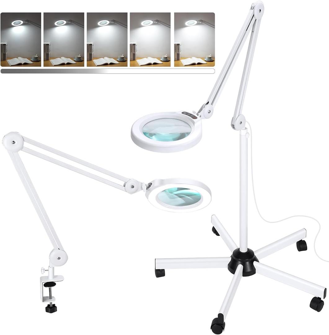 10X Magnifying Glass with Light and Stand, Super Bright 2,200 Lumens LED Magnifying Floor lamp with 5 Wheels Rolling Base, 5 Color Modes Stepless Dimming Lighted Magnifier for Esthetician Facial Salon (White)