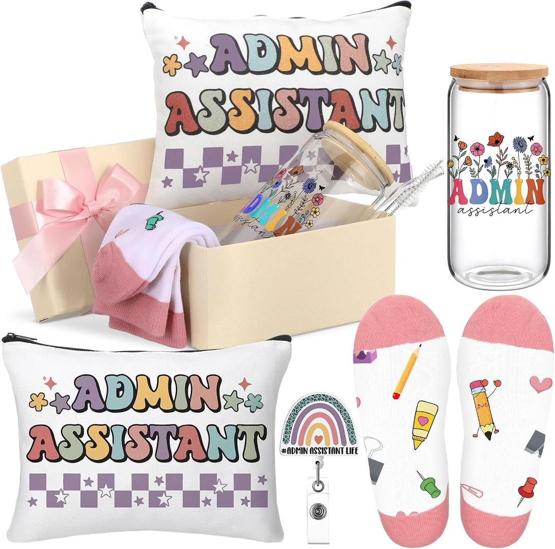 Skylety 5 Pcs Administrative Assistant Gifts for Women 16oz Glass Cup Sock Cosmetic Bag Badge Reel Admin Assistant Appreciation Gift Box for Employee Coworker Secretary Custodian Supplies