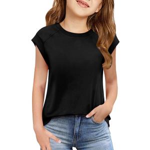 Floral Find Girls Casual Crewneck Cap Sleeve T Shirts Summer Tunic Tops Loose Fit Cute Tee, Black, 10-11Y (Black, XL)