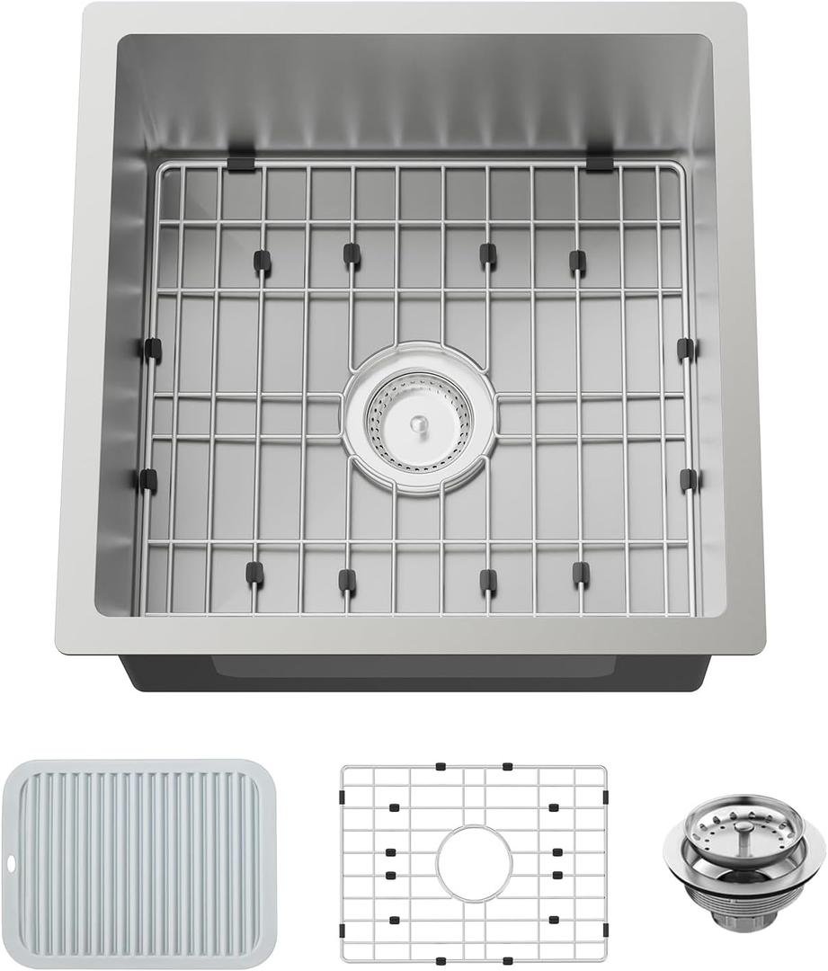 Small Kitchen Sink,18x18 In Bar Sink Stainless Steel Undermount Small Kitchen Sink Ideal Choice For Small Space Nice As Undermount Prep Sink,RV Kitchen Sink With Bottom Grid,Silicon Mat And Drain Set