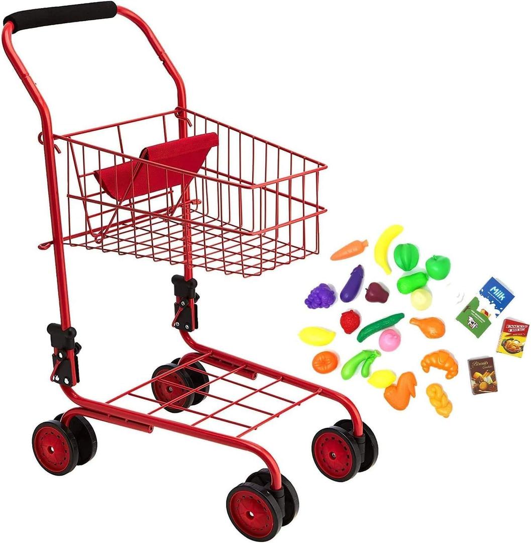 The New York Doll Collection Toy Shopping Cart for Kids and Toddler - Includes Food - Folds for Easy Storage - with Sturdy Metal Frame (Red)