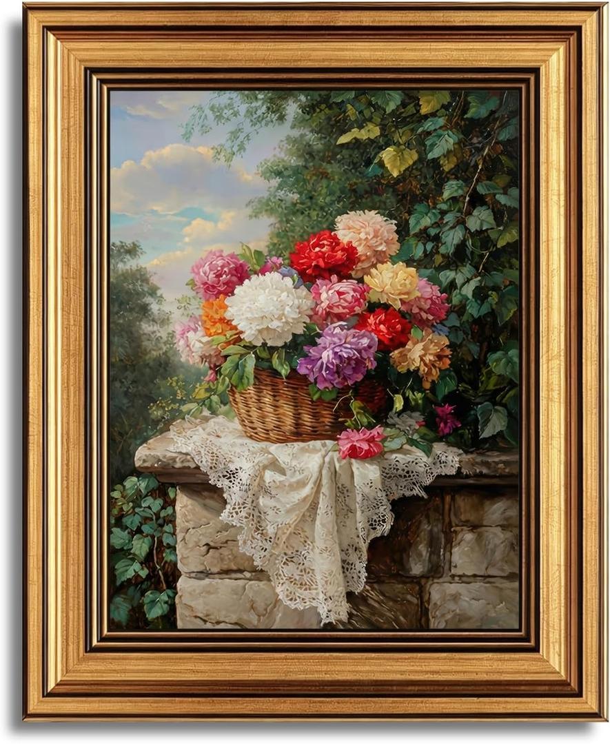 vineolect Vintage Gold Framed Flower Basket Wall Art Farmhouse Floral Painting Cottagecore Picture Aesthetic Artwork French Country Romantic Cozy Home Decor for Living Room Bedroom Kitchen Bathroom 9''x11''