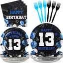 Grencian 96Pcs 13th Birthday Decorations for Boys Blue Black 13th Birthday Party Plates Disposable Official Teen 13 Tableware for Teen Boys Girls Happy 13 Year Old Party, Serves 24