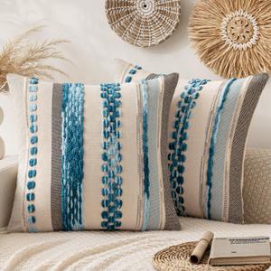 ANRODUO Pack of 2 Boho Decorative Throw Pillow Covers 20x20 Farmhouse Cushion Case Striped Chenille Pillow Cases Square Pillow Covers Accent Neutral Pillowcase for Sofa Couch Bed, Sky Blue Stripe 3