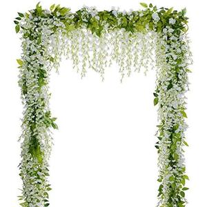Lvydec Wisteria Artificial Flowers Garland, 4Pcs Total 28.8ft White Artificial Wisteria Vine Silk Hanging Flower for Home Garden Outdoor Ceremony Wedding Arch Floral Decor