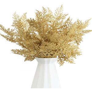 FOIMAS 24pcs Artificial Pine Needles Glitter Christmas Floral Picks Branches Fake Floral Twig Picks Sprays for Christmas Tree Wreaths Floral Arrangement Home Holiday Decor, Gold