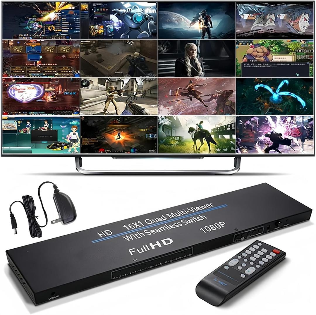 HDMI Multiviewer 16X1 1080P HDMI Quad Screen Multi Viewer Splitter 16 in 1 Out Seamless Switch 4 8 16 Way Display Screen Divider 16 HD Video Signal On the Same One Screen 4 models 1x1 4x1 8x1 16x1 Etc