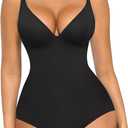 FeelinGirl Shapewear Bodysuits for Women Tummy Control Deep V Neck Body Suits with Built in Bra Tops, Black, Large