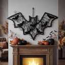 Hotop Bat Shaped Halloween Wreath for Front Door Black Bat Wreath
