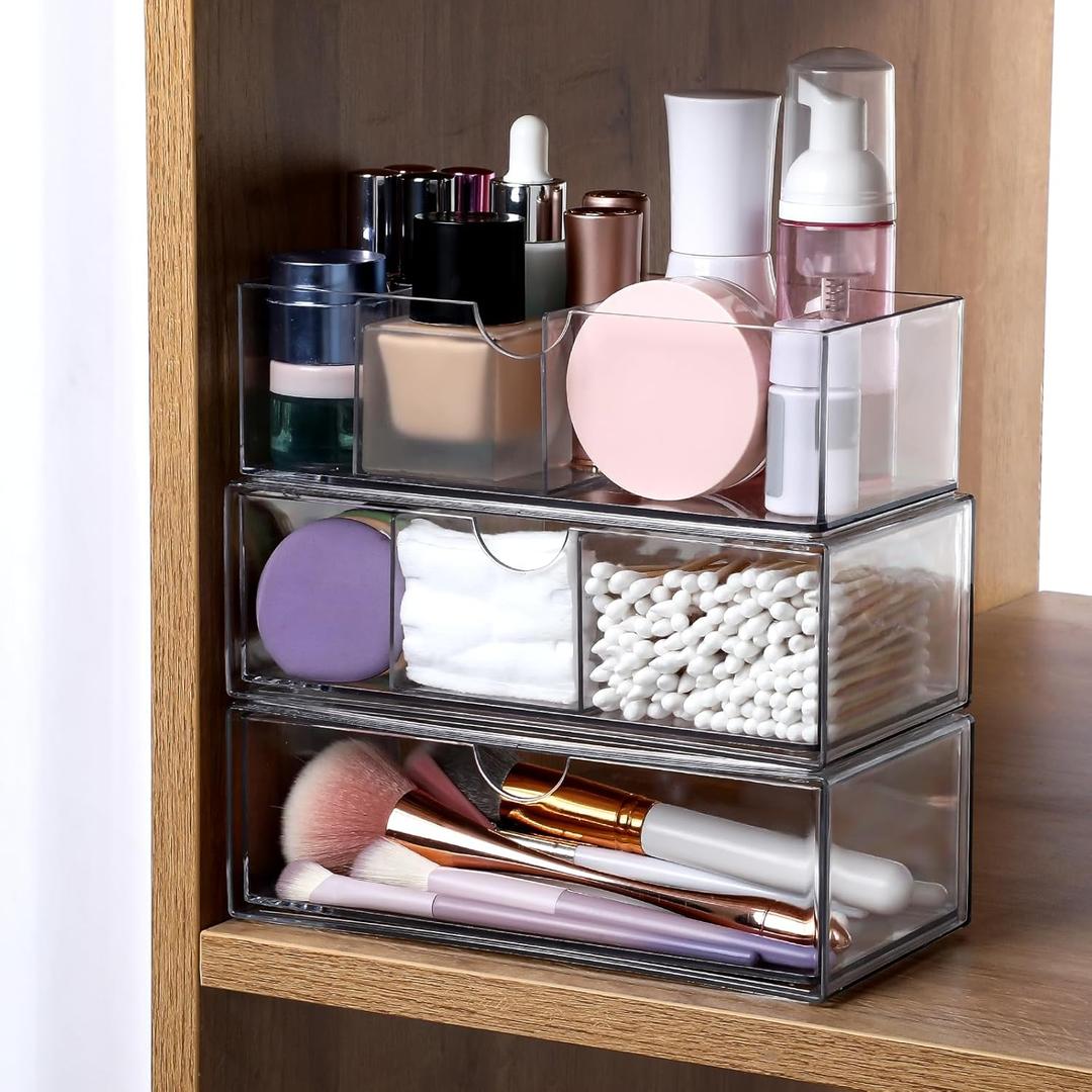 3-Tier Clear Stackable Makeup Organizer with Removable Dividers,Acrylic Medicine Cabinet Organizer and Storage for Bathroom Mirror Cabinets, Vanity, Closet, Countertop with Drawer